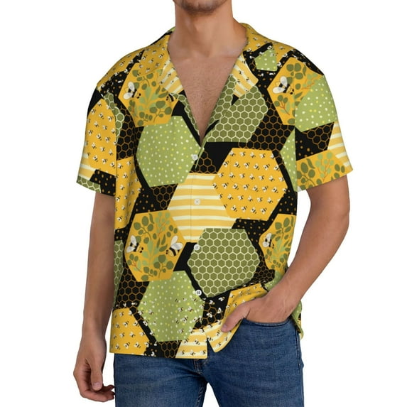 Goofa Bee honey Printed Men's Casual Short-sleeved Shirt,Lightweight Breathable Button-down,Summer Casual men's top,Versatile Fashion shirt-Small