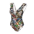 thumbnail image 1 of Goofa Beer Caps Print Women's Ruffled One Piece Swimsuit V Neck, 1 of 7