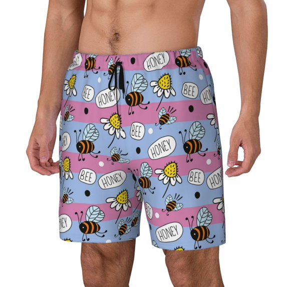 Goofa Bees And Daisies Striped Printed Men's Swim Trunks Board Shorts Quick Dry Mens Swimming Trunks with Compression Liner,Breathable Fit Hawaii Beach Shorts-XX-Large