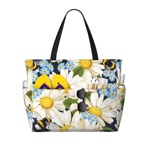 Goofa Bees Collecting Nectar Print Beach Bags Waterproof Beach Tote Bag Zipper Sandproof Swim Pool Bag Large Tote Beach Vacation Travel