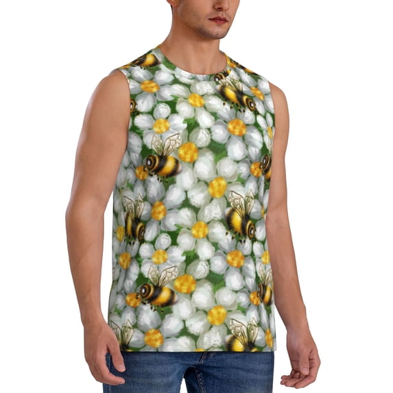 Goofa Bees and Flower Printed Men's Sleeveless T-Shirt - Athletic Gym Workout Tank Top for Men - Moisture-Wicking, UPF 30+ Quick-Dry Muscle Tee-Medium