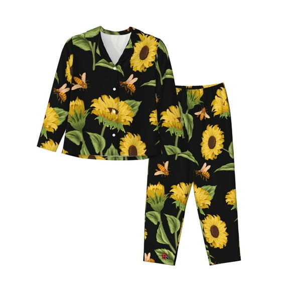Goofa Bees and Sunflowers Printed Women’s 2 Piece Pajama Set Super,Pajamas Women's Long Sleeve Sleepwear Soft Button Down Loungewear Pjs Lounge Set Nightwear-
