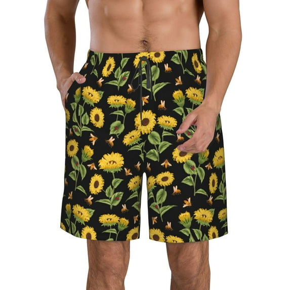 Goofa Bees and Sunflowers Printed Mens Swim Trunks Summer Quick Dry Short Beach Swimwear Bathing Suits-XX-Large
