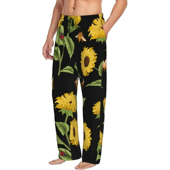Goofa Bees and Sunflowers Printed Soft Pajama Pants for Men, Wide Leg Comfy Casual Lounge Yoga Pants-Large