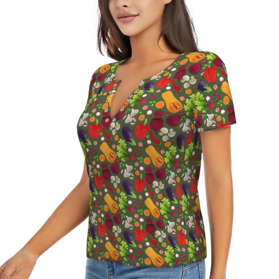 Goofa Begetable Pattern Womens Deep V Neck Low Cut Tops Casual Summer Short Sleeve Ribbed Knit T-Shirts-Medium