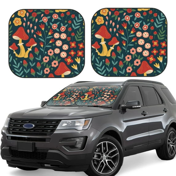 Goofa Berries and Flowers Pattern 2 Piece Car Windshield Sun Shade Foldable | Front Windshield Shade for Sun, Heat and UV Rays | Sunshade for Car Front Window-