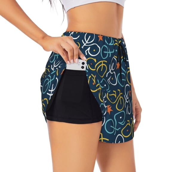 Goofa Bicycle Colorful Printed Women 2 in 1 Running Shorts,Quick Dry Athletic Workout Shorts,High Waisted Athletic Shorts with Liner Pockets-