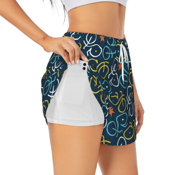 Goofa Bicycle Colorful Printed Women 2 in 1 Running Shorts,Quick Dry Athletic Workout Shorts,High Waisted Athletic Shorts with Liner Pockets-XX-Large