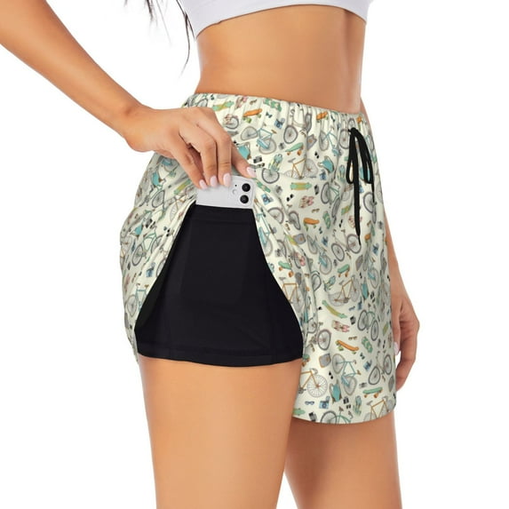 Goofa Bicycles And Boards Printed Women 2 in 1 Running Shorts,Quick Dry Athletic Workout Shorts,High Waisted Athletic Shorts with Liner Pockets-Medium