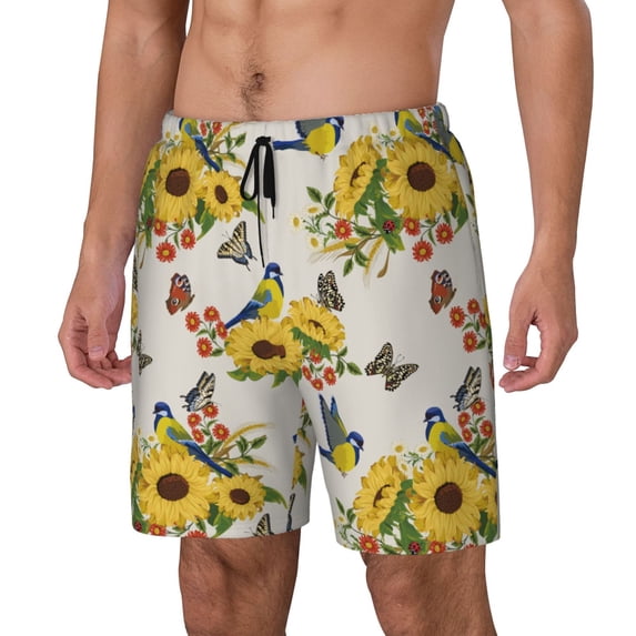 Goofa Bird Sunflowers Printed Men's Swim Trunks Board Shorts Quick Dry Mens Swimming Trunks with Compression Liner,Breathable Fit Hawaii Beach Shorts-XX-Large