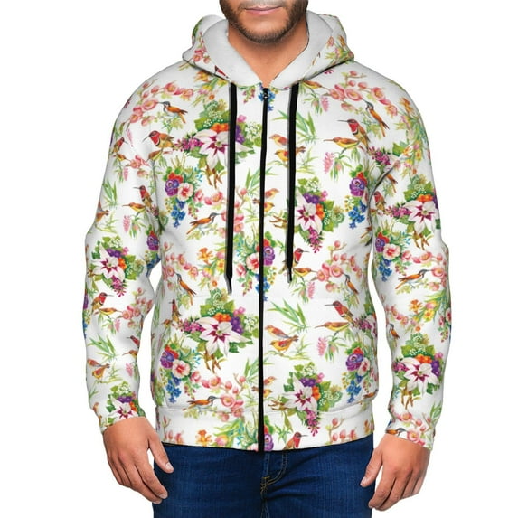 Goofa Birds And Flowers Pattern Mens Full-zip Hoodie, Zip-up Pullover Hooded Sweatshirt, Kangaroo Pocket Hoodie Ideal for Daily Wear, Travel, and Home-Large