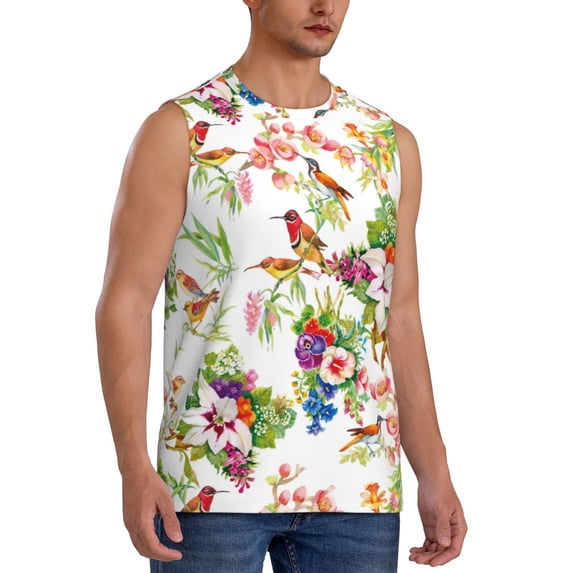 Goofa Birds And Flowers Printed Men's Sleeveless T-Shirt - Athletic Gym Workout Tank Top for Men - Moisture-Wicking, UPF 30+ Quick-Dry Muscle Tee-3X-Large
