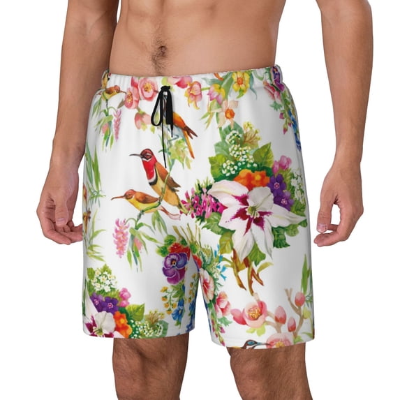Goofa Birds And Flowers Printed Men's Swim Trunks Board Shorts Quick Dry Mens Swimming Trunks with Compression Liner,Breathable Fit Hawaii Beach Shorts-3X-Large