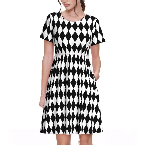 Goofa Black And White Diamonds Pattern Women Summer Short Sleeve Midi Dress with Pockets Casual Aline Flowy Tshirt Dress Vocation Beach Sundress