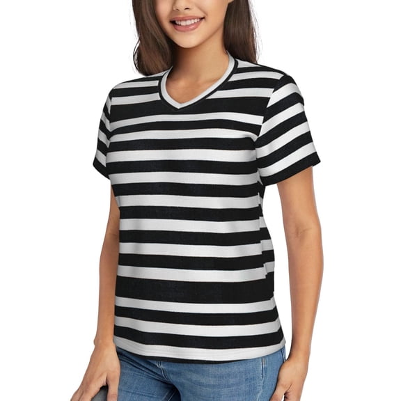 Goofa Black And White Stripes Pattern Women's Slim-Fit Short-Sleeve V-Neck T-Shirt,Classic-Fit Short-Sleeve V-Neck T-Shirt-Small