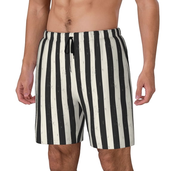 Goofa Black And White Thick Stripes Printed Men's Swim Trunks Board Shorts Quick Dry Mens Swimming Trunks with Compression Liner,Breathable Fit Hawaii Beach Shorts-Large