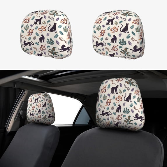 Goofa Black Cat And Snake Pattern 2 PCS Car Headrest Cover, Headrest Protector,Universal Interior Car Accessories