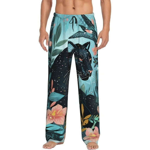 Goofa Black Panther Floral Illustration Pattern Printed Soft Pajama Pants for Men, Wide Leg Comfy Casual Lounge Yoga Pants-Small