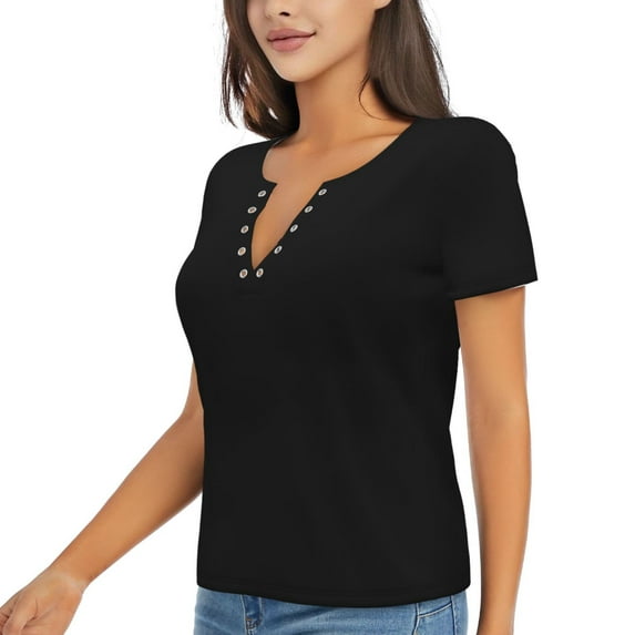 Goofa Black Pattern Womens Deep V Neck Low Cut Tops Casual Summer Short Sleeve Ribbed Knit T-Shirts-X-Large