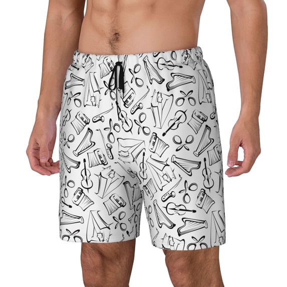 Goofa Black White Music Printed Men's Swim Trunks Board Shorts Quick Dry Mens Swimming Trunks with Compression Liner,Breathable Fit Hawaii Beach Shorts-