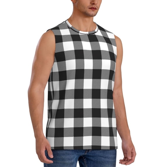 Goofa Black White Plaid Printed Men's Sleeveless T-Shirt - Athletic Gym Workout Tank Top for Men - Moisture-Wicking, UPF 30+ Quick-Dry Muscle Tee-Medium