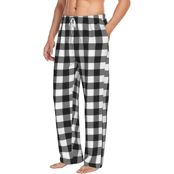 Goofa Black White Plaid Printed Soft Pajama Pants for Men, Wide Leg Comfy Casual Lounge Yoga Pants-Medium