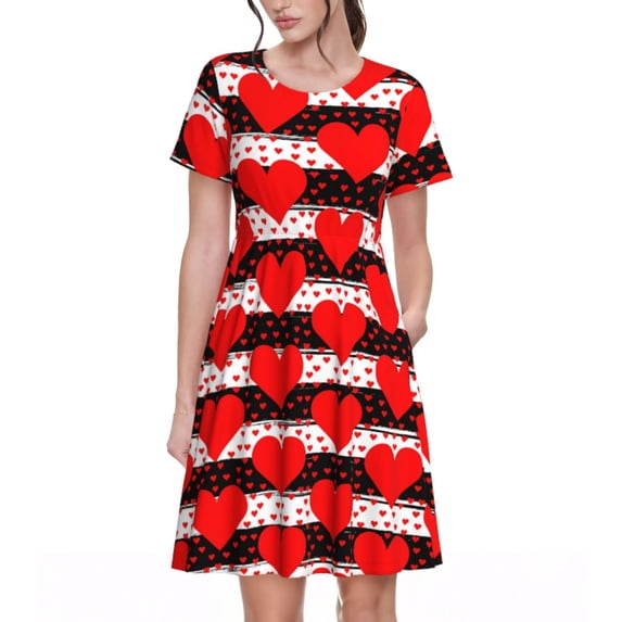 Goofa Black and white striped and red hearts Pattern Women Summer Short Sleeve Midi Dress with Pockets Casual Aline Flowy Tshirt Dress Vocation Beach Sundress
