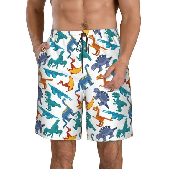 Goofa Block Dinosaur Printed Mens Swim Trunks Summer Quick Dry Short Beach Swimwear Bathing Suits-Small