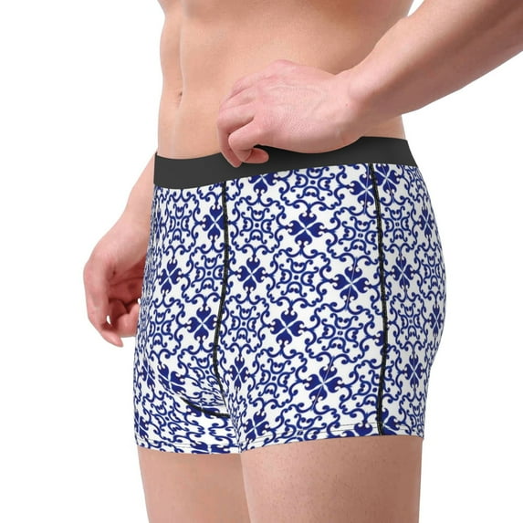Goofa Blue And White Porcelain Chinaware Printed Men's Boxer Briefs Underwear, Moisture-Wicking Underwear, Trunk,Soft and Breathable Cotton Underwear-Medium