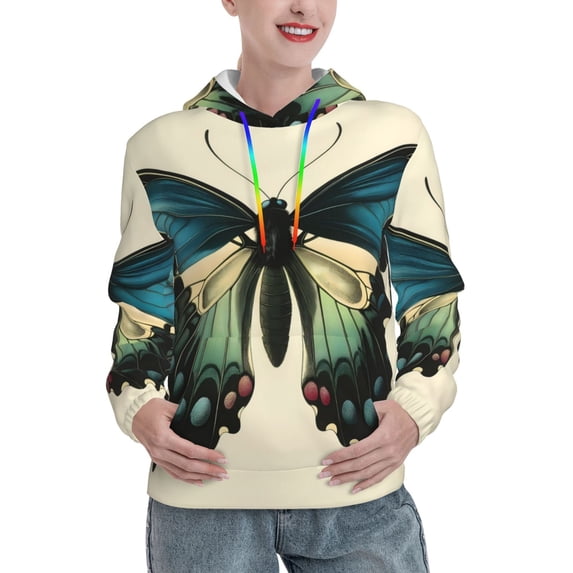 Goofa Blue Black Butterfly Art for Women's Hooded Sweatshirt with Eye-catching Drawstrings- Lightweight Pullover Hoodie with Kangaroo Pocket, Perfect for Everyday Wear-Medium