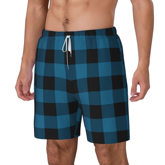 Goofa Blue Black Plaid Printed Men's Swim Trunks Board Shorts Quick Dry Mens Swimming Trunks with Compression Liner,Breathable Fit Hawaii Beach Shorts-Large