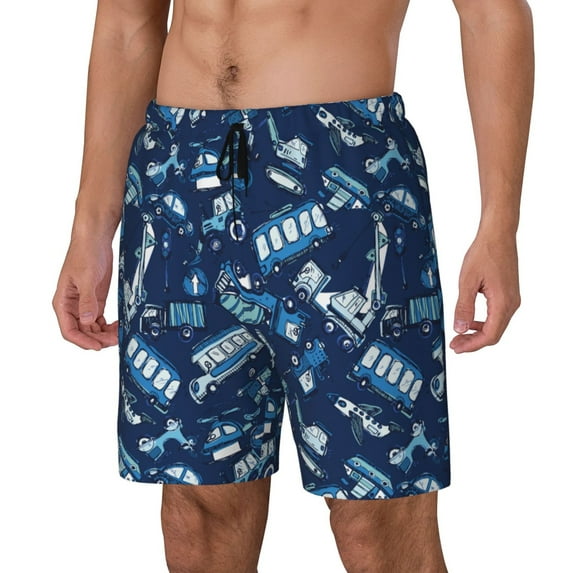 Goofa Blue Bus Printed Men's Swim Trunks Board Shorts Quick Dry Mens Swimming Trunks with Compression Liner,Breathable Fit Hawaii Beach Shorts-Large