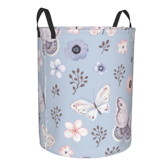 Goofa Blue Butterfly Printed Circular Hamper,Laundry Basket with Handles,Storage Baskets Foldable,Large Capacity Laundry Hamper-Small