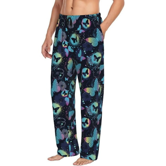 Goofa Blue Butterfly Printed Soft Pajama Pants for Men, Wide Leg Comfy Casual Lounge Yoga Pants-XX-Large