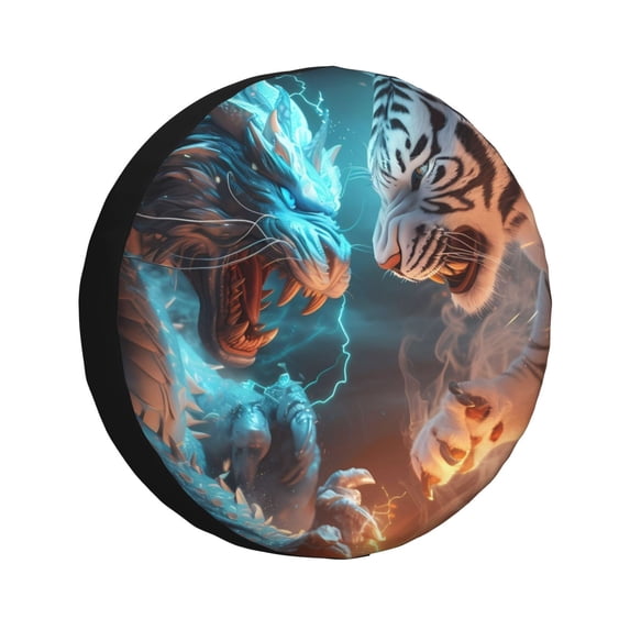 Goofa Blue Dragon And White Tiger Pattern Universal Tire Cover for Jeep, SUV, Truck, and Trailer – Waterproof, UV-Resistant,Easy to Install, Fits 14"-17" Tires-17 inch