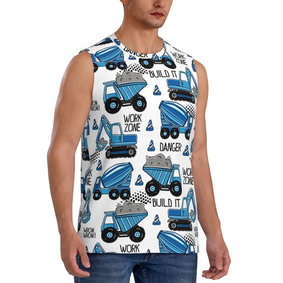 Goofa Blue Excavator Printed Men's Sleeveless T-Shirt - Athletic Gym Workout Tank Top for Men - Moisture-Wicking, UPF 30+ Quick-Dry Muscle Tee-Small