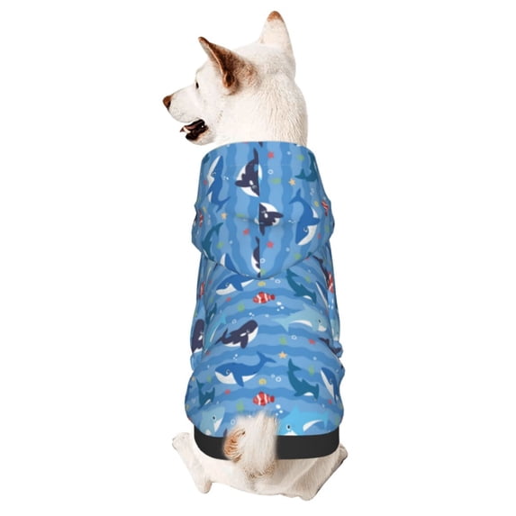 Goofa Blue Fish Pattern Small Dog Sweater Hoodies Pet Grey Hooded Soft Fleece Sweatshirts with Pocket Fall Winter Puppy Cat Sweaters Warm Clothes-Small