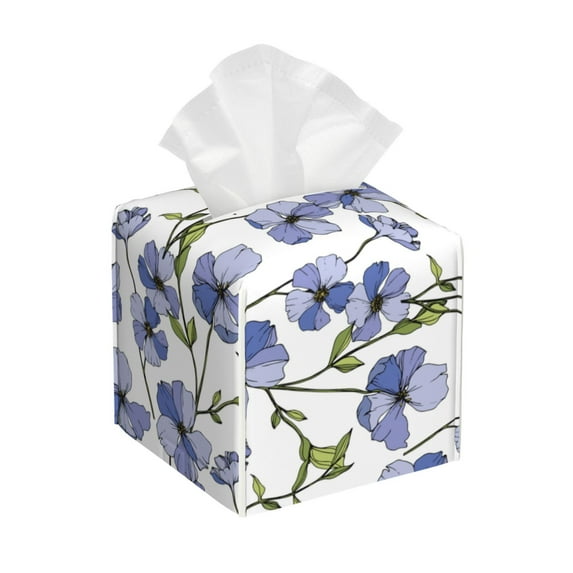 Goofa Blue Flax Flowers Tissue Box Cover PVC Leather Tissue Holder Square Facial Tissue Case Facial Paper Organizer Dispenser for Bathroom, Vanity Countertop