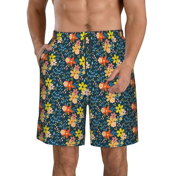 Goofa Blue Floral Printed Mens Swim Trunks Summer Quick Dry Short Beach Swimwear Bathing Suits-Large
