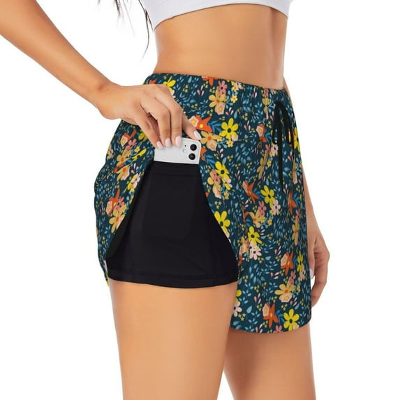 Goofa Blue Floral Printed Women 2 in 1 Running Shorts,Quick Dry Athletic Workout Shorts,High Waisted Athletic Shorts with Liner Pockets-Medium