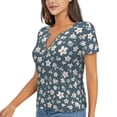 thumbnail image 1 of Goofa Blue Flower Pattern Womens Deep V Neck Low Cut Tops Casual Summer Short Sleeve Ribbed Knit T-Shirts-XX-Large, 1 of 5