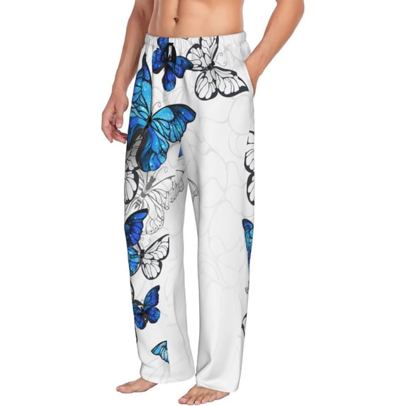 Goofa Blue Flying Butterflies Printed Soft Pajama Pants for Men, Wide Leg Comfy Casual Lounge Yoga Pants-X-Large