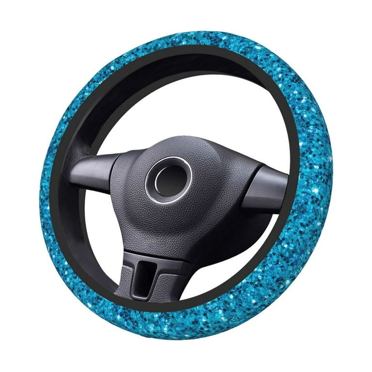 Goofa Blue Glitter Pattern Elastic Stretch Steering Wheel Cover Universal 15 inch Microfiber Breathable Ice Silk Anti Slip Odorless Easy Carry