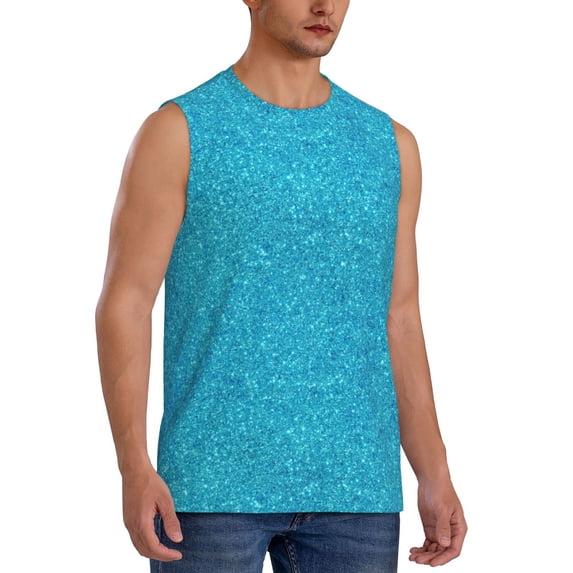 Goofa Blue Glitter Printed Men's Sleeveless T-Shirt - Athletic Gym Workout Tank Top for Men - Moisture-Wicking, UPF 30+ Quick-Dry Muscle Tee-X-Large