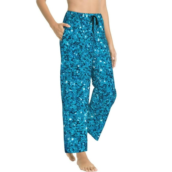 Goofa Blue Glitter Printed Soft Pajama Pants for Women, Wide Leg Comfy Casual Lounge Yoga Pants-