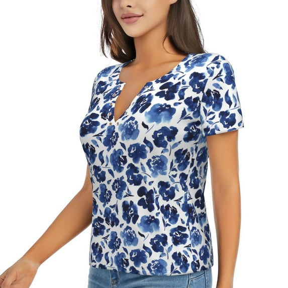 Goofa Blue Ink Flowers Pattern Womens Deep V Neck Low Cut Tops Casual Summer Short Sleeve Ribbed Knit T-Shirts-Small