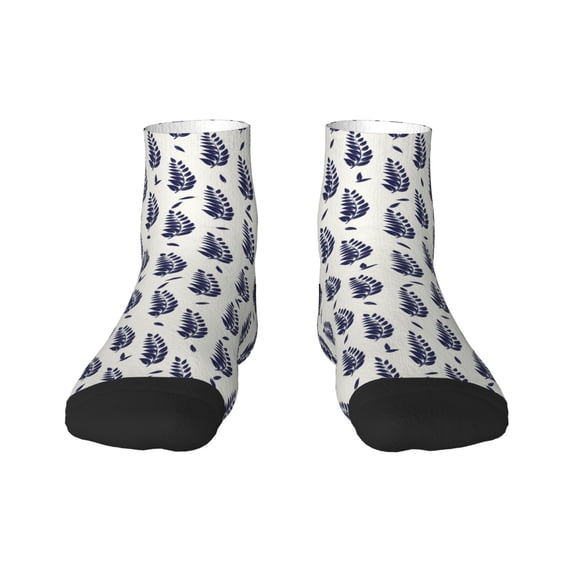 Goofa Blue Leaves Pattern Non Slip Socks with Grips for Elderly, Crew Socks Yoga Hospital Socks Cushioned Sole Gripper Socks for Men Women