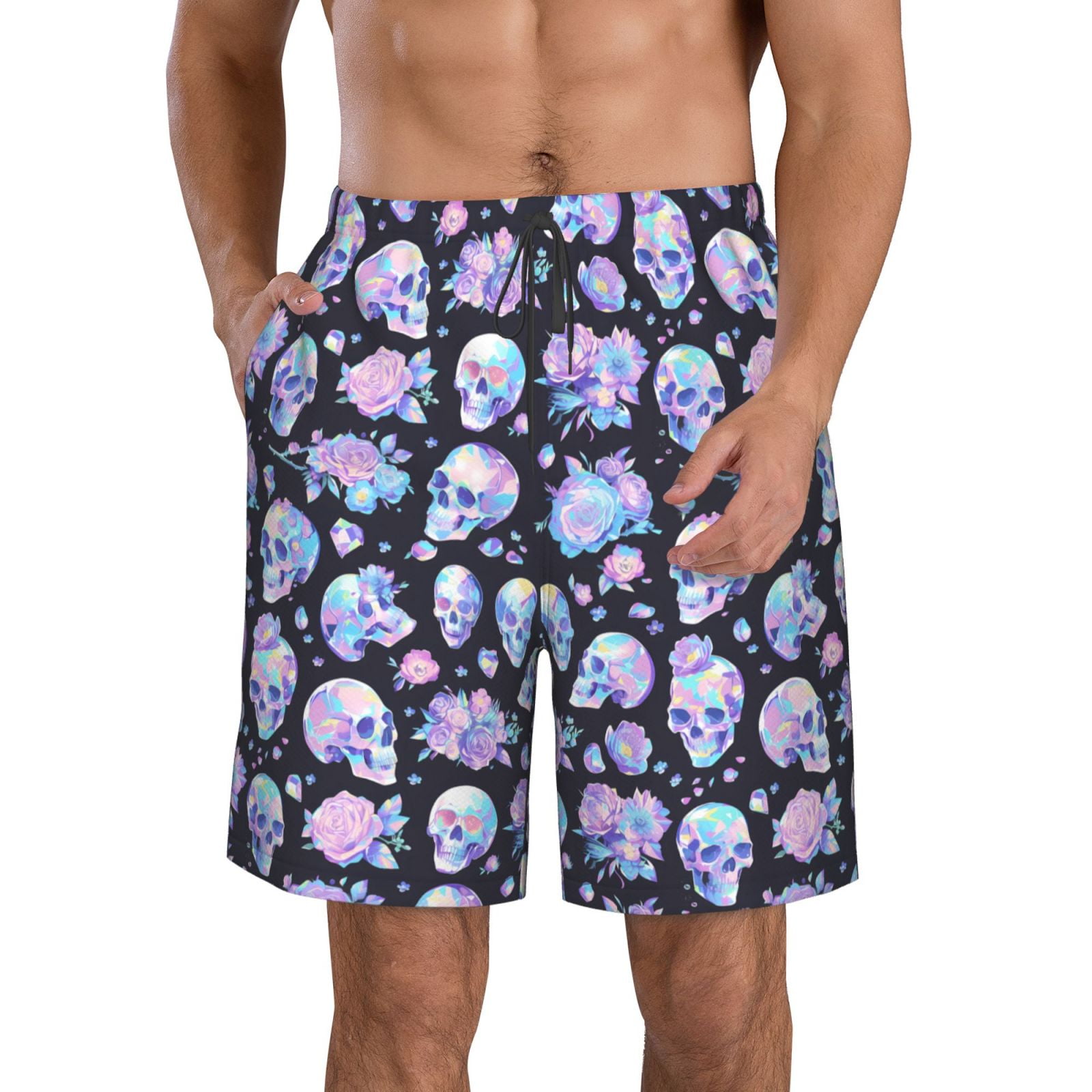 Goofa Blue Skull Flower Printed Mens Swim Trunks Summer Quick Dry Short