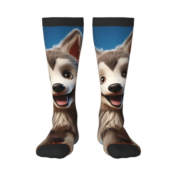 Goofa Blue Sky Cute Wolf Pattern Adult Stockings, Color-Block Knee High Socks, Comfortable and Breathable, Soft and Stretchable, Sports, and Decoration