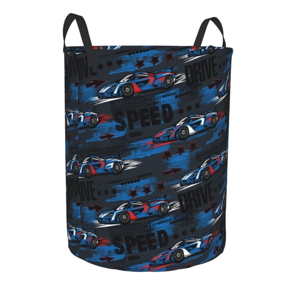 Goofa Blue Sports Car Printed Circular Hamper,Laundry Basket with Handles,Storage Baskets Foldable,Large Capacity Laundry Hamper-Small